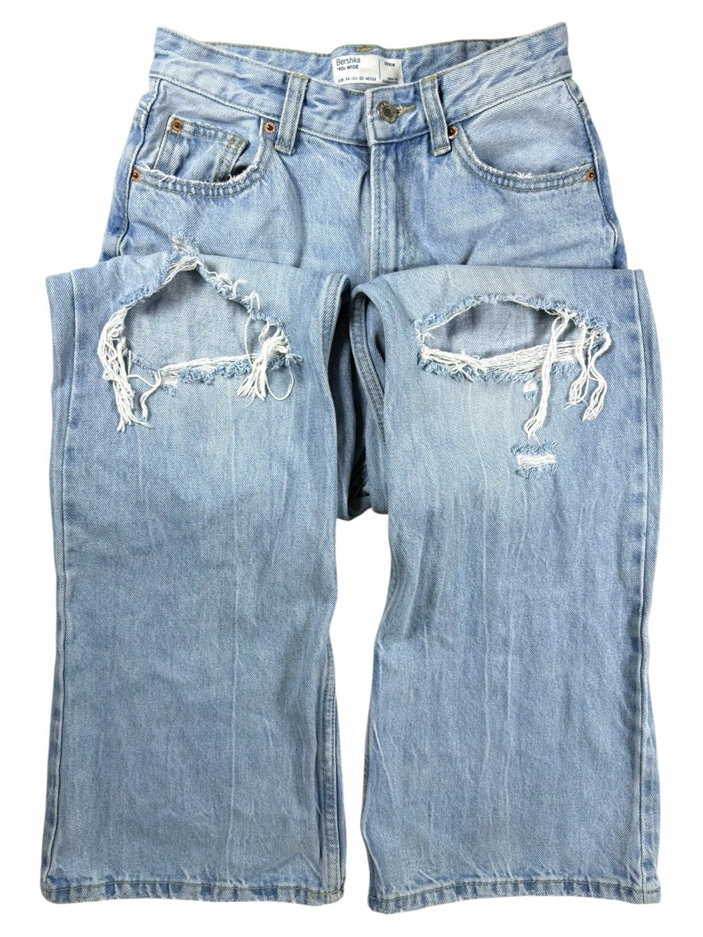 Bershka 90s Wide Leg Distressed Light Wash Y2K Baggy Jeans Size 2 Boho - Picture 8 of 15
